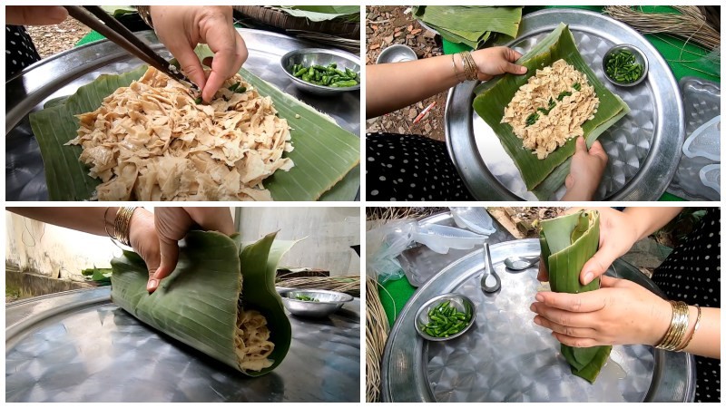 Gói phần tàu hũ ky đã chế biến bằng lá chuối