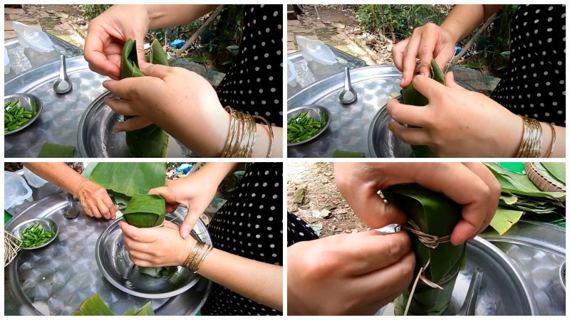 Công đoạn gói chả bằng lá chuối