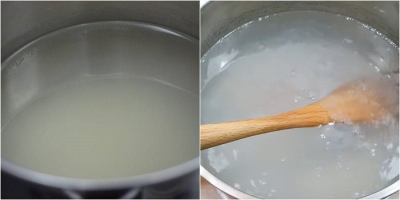 khuấy đều hỗn hợp bột rau câu và nước dừa xiêm