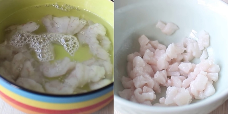 Tôm và thịt mỡ cắt hạt lựu