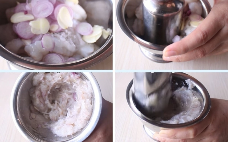 Giã tôm cùng hành và tỏi