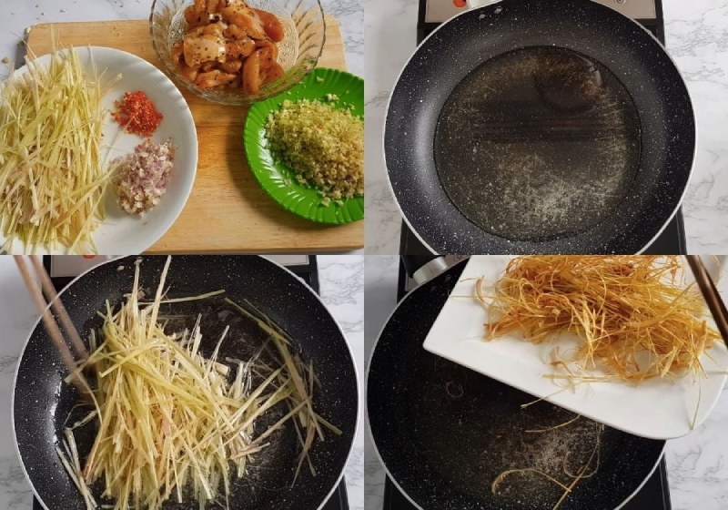 Cho sả tước sợi và lá chanh băm nhỏ vào chiên