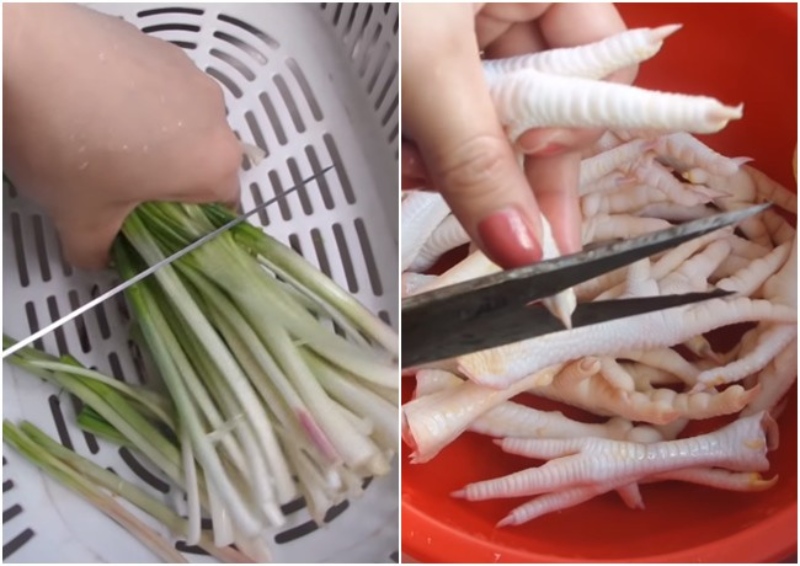 hành lá được cắt khúc, chân gà cắt bỏ móng và làm sạch