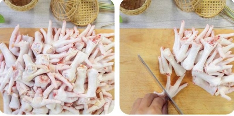 Chân gà lột lớp da vàng, chặt bỏ móng, chẻ đôi