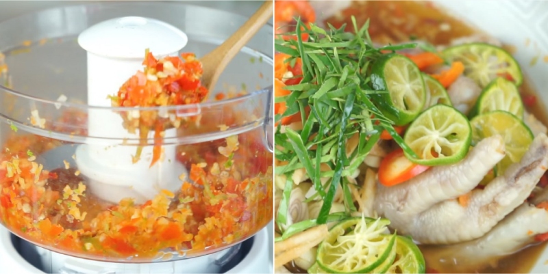 Xay nhuyễn phần nguyên liệu ớt, tỏi, tắc, sau đó trộn cùng chân gà