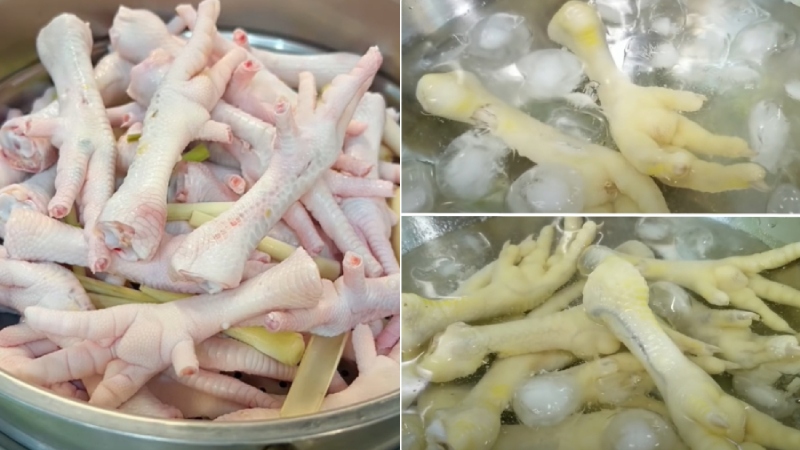 Chân gà sau khi luộc được ngâm đá để giữ độ giòn và trắng đẹp
