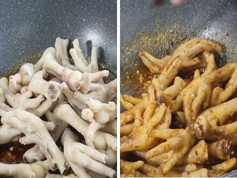 Cho chân gà vào chảo đã chuẩn bị sa tế