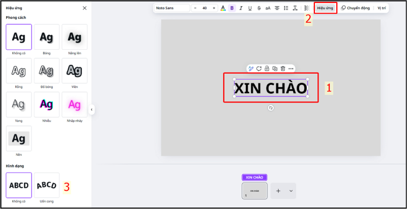 Chọn văn bản, mở mục Hiệu ứng và chọn kiểu Uốn cong
