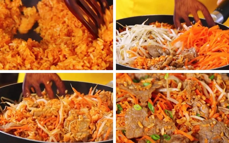 Tiến hành chiên cơm bò Bulgogi Hàn Quốc
