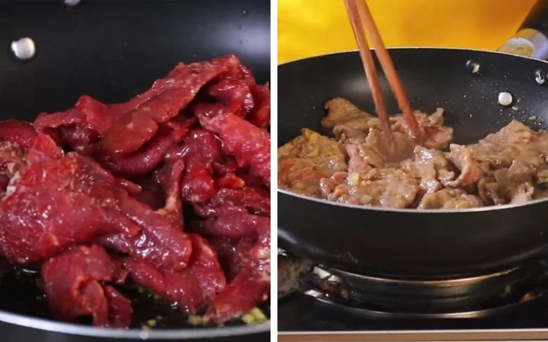 Tiến hành công đoạn xào thịt bò