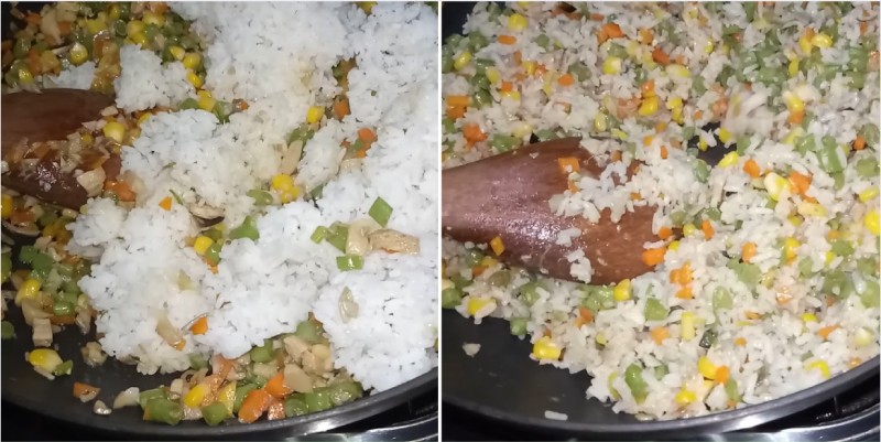 Công đoạn xào cơm chiên rau củ chay