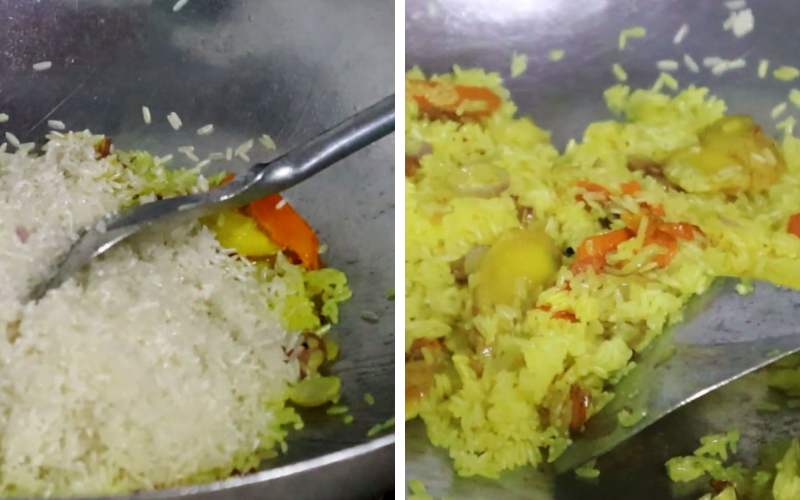 Xào gạo đến khi màu vàng đều