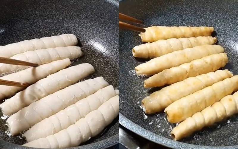 Chiên mì căn trên chảo dầu nóng
