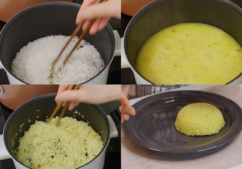 Gạo được nấu chung với nước luộc gà