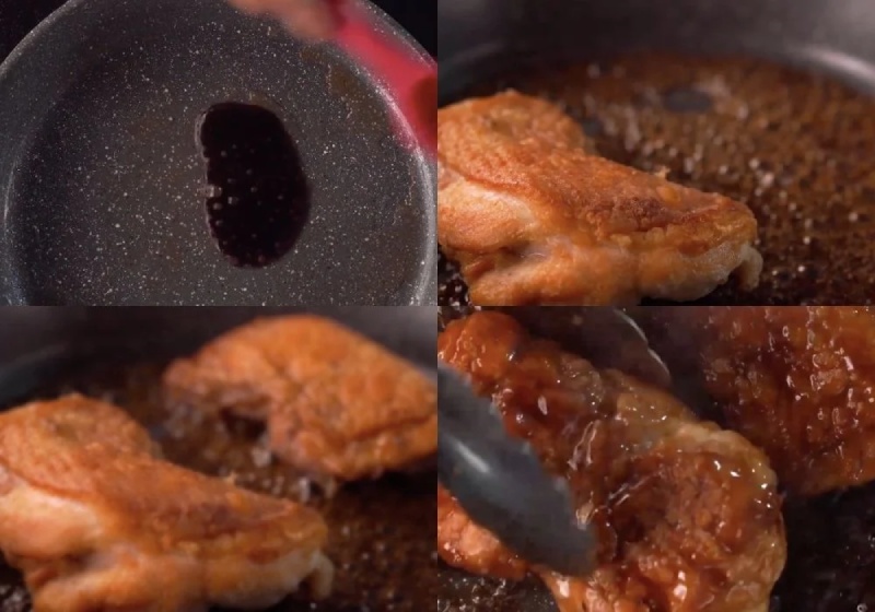 Tiến hành chiên gà với sốt Teriyaki