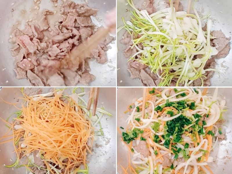 Xào sơ các nguyên liệu làm củ kiệu xào thịt bò