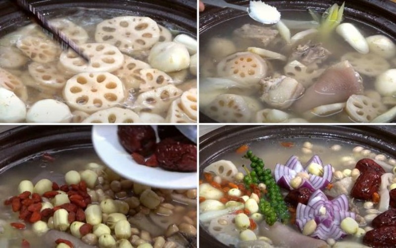 Tiến hành công đoạn hầm đuôi heo với củ sen