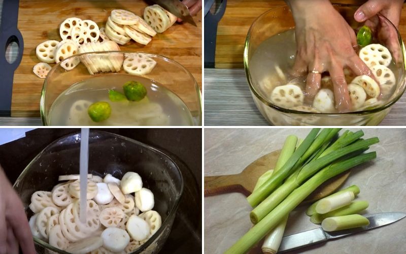 Củ sen được thái lát và ngâm trong nước với chanh