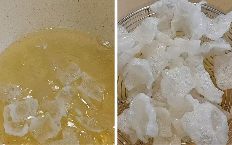Khi dầu sôi, cho bánh tráng đã phơi khô vào chiên