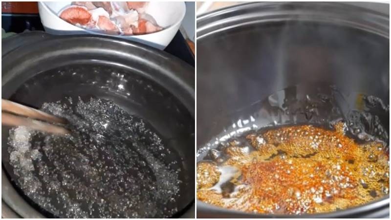 Thắng nước màu bằng đường trong nồi đất.