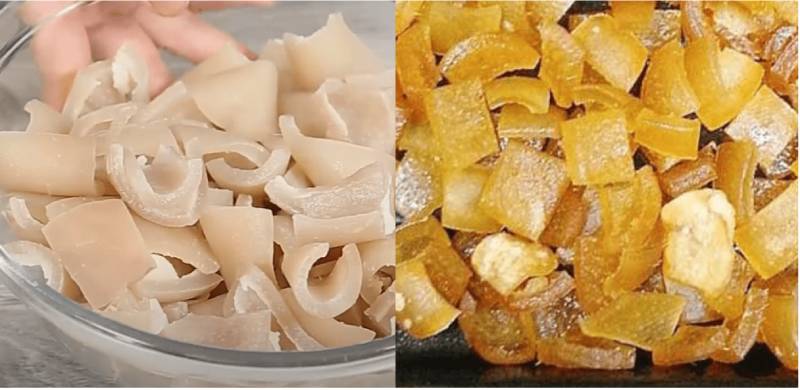 Da heo sau khi luộc và phơi khô sẵn sàng chiên.
