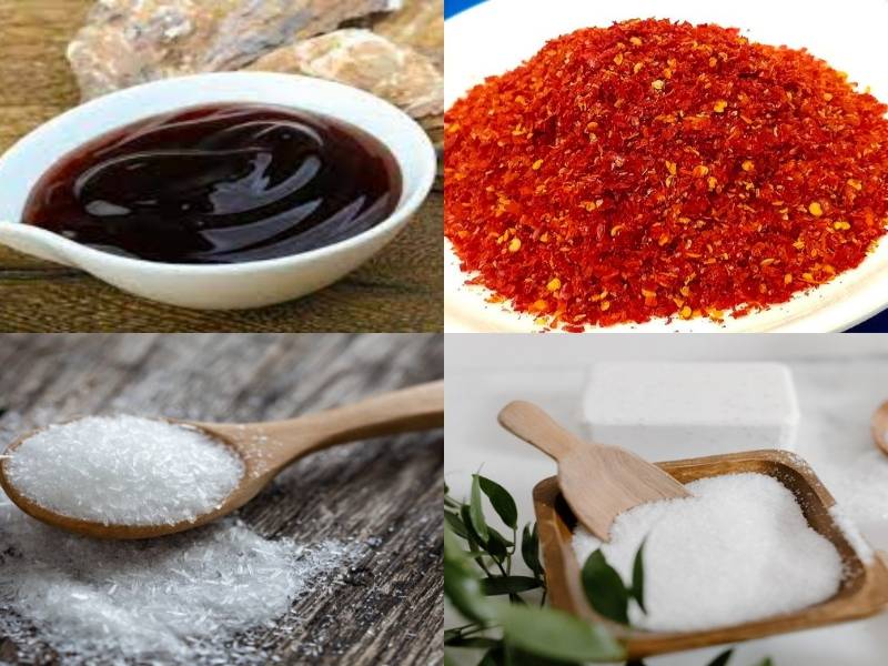 Nguyên liệu ướp da heo: sốt me, ớt bột, bột ngọt và đường trắng