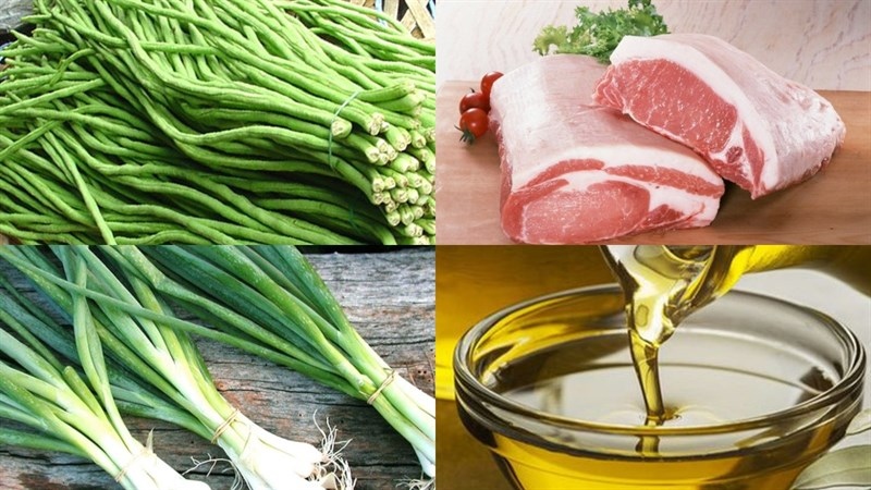 Nguyên liệu món đậu đũa xào thịt heo gồm đậu đũa, thịt heo, hành lá và dầu ăn