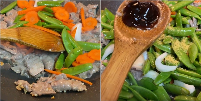 xào thịt bò với các nguyên liệu và nêm gia vị