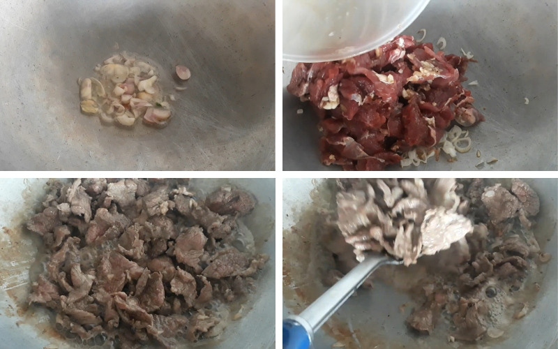 xào thịt bò và đảo đều đến khi chín