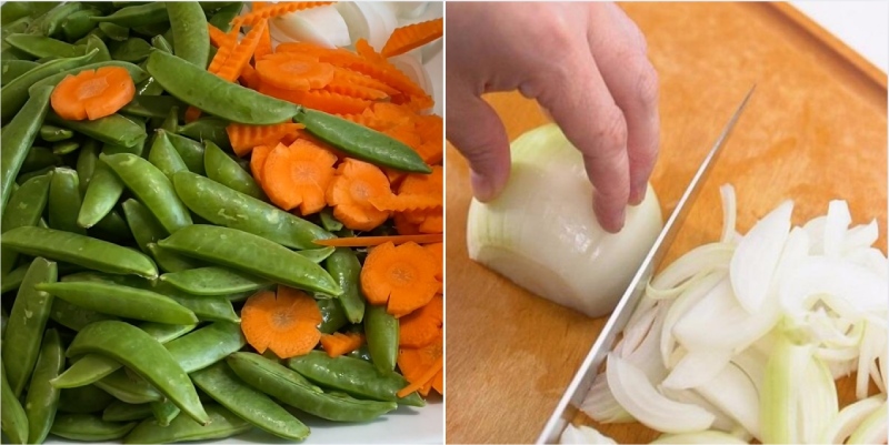 rửa sạch và thái nhỏ rau củ