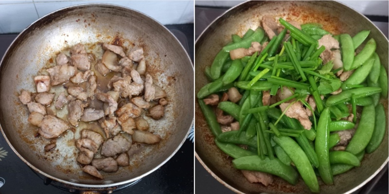 Thịt heo xào chín rồi cho đậu Hà Lan và hành lá vào chảo