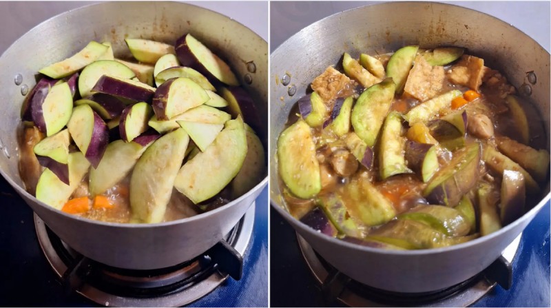 Tiếp đó thêm cà tím vào kho