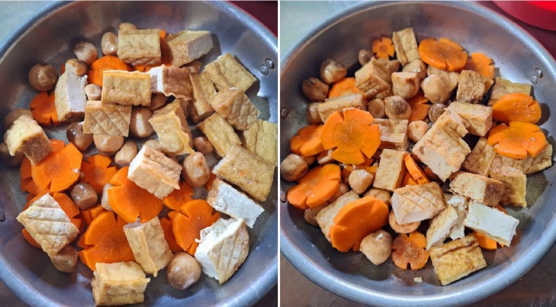 Cho đậu hũ, cà rốt và nấm rơm vào nồi ướp
