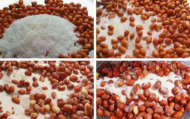 Công đoạn rang đậu phộng cùng muối