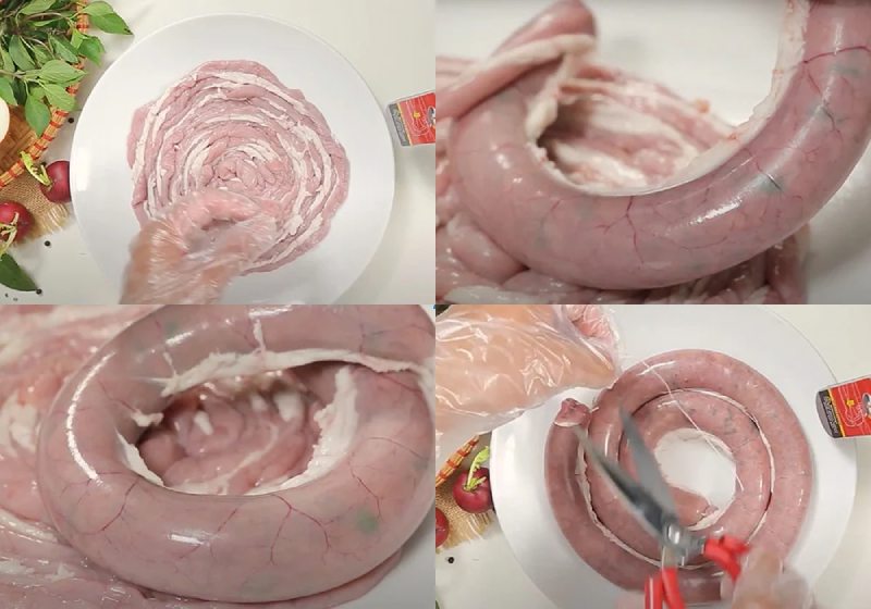 Nhồi phần thịt heo băm đã ướp vào lòng heo non