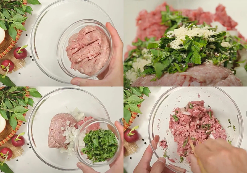 Ướp thịt heo băm với gia vị và rau răm