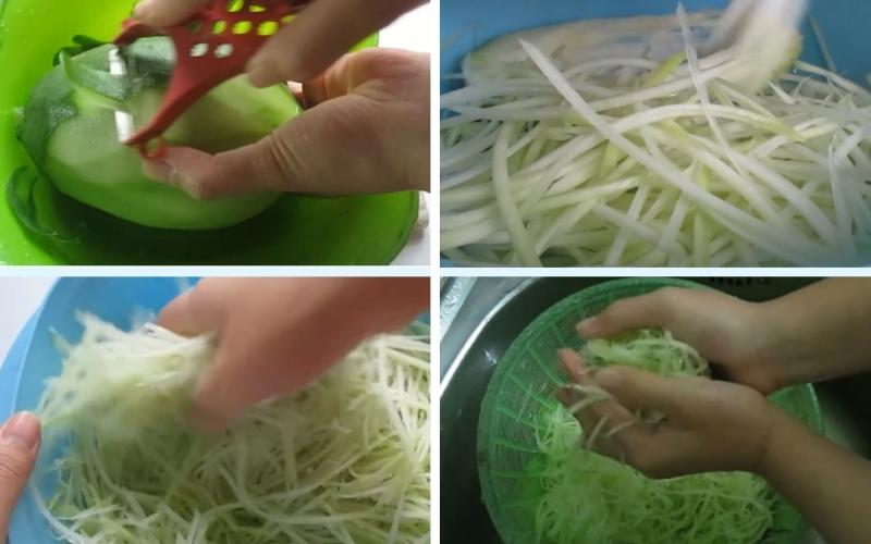 Đu đủ xanh gọt vỏ, rửa sạch và bào sợi