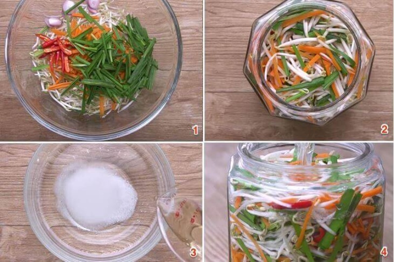 Nguyên liệu giá, cà rốt, hành lá, ớt chuẩn bị muối dưa