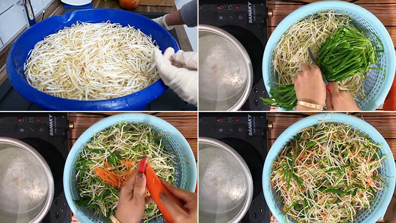 Sơ chế giá, cà rốt và hành lá trước khi muối dưa