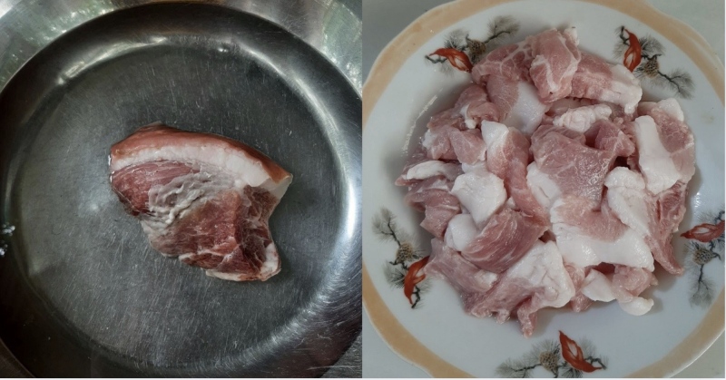 Thái lát thịt ba chỉ tươi chuẩn bị nguyên liệu chính cho món dưa môn xào