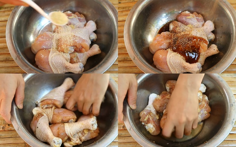 cho đùi gà vào tô và ướp gia vị