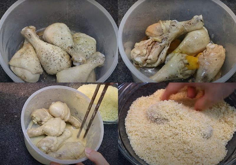 tẩm bột đùi gà chuẩn bị chiên