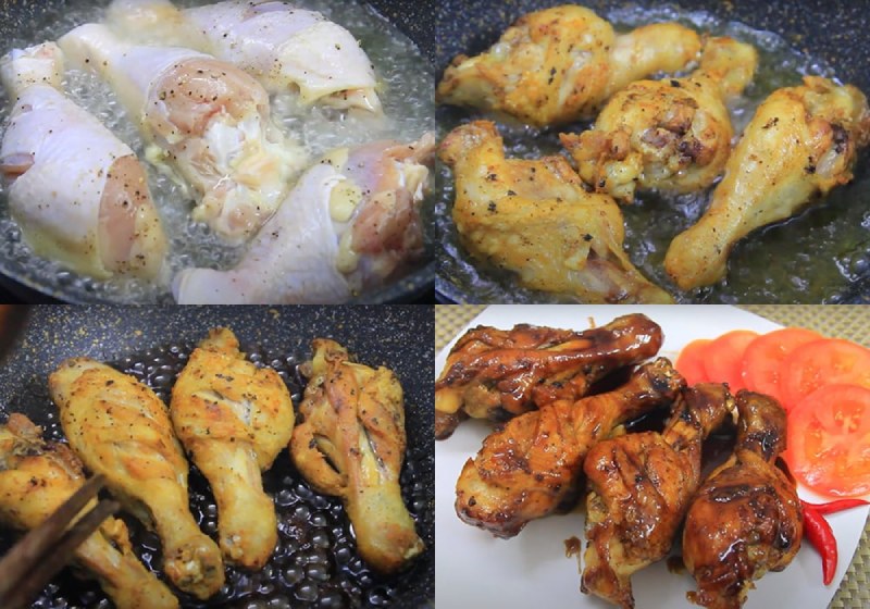 Công đoạn chiên đùi gà với nước tương