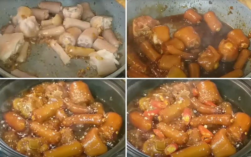 Các bước nấu đuôi heo kho tiêu trên chảo và nồi.