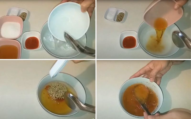 Pha nước sốt kho từ nước mắm, đường, hạt tiêu và nước lọc