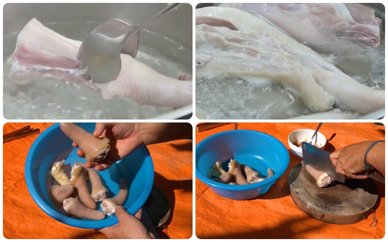 Trụng đuôi heo với nước sôi