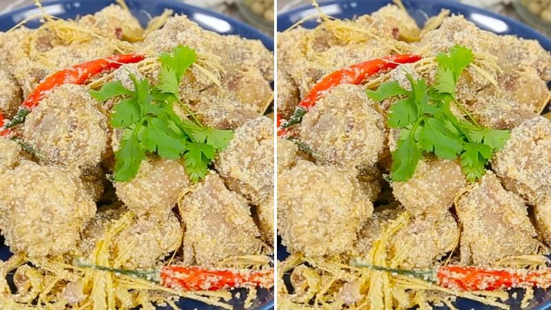 Đuôi heo rang muối thành phẩm với ớt và rau mùi trang trí bắt mắt.