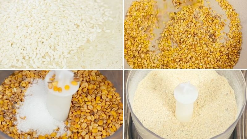 Rang và xay hỗn hợp gạo, đậu xanh, muối để làm muối rang