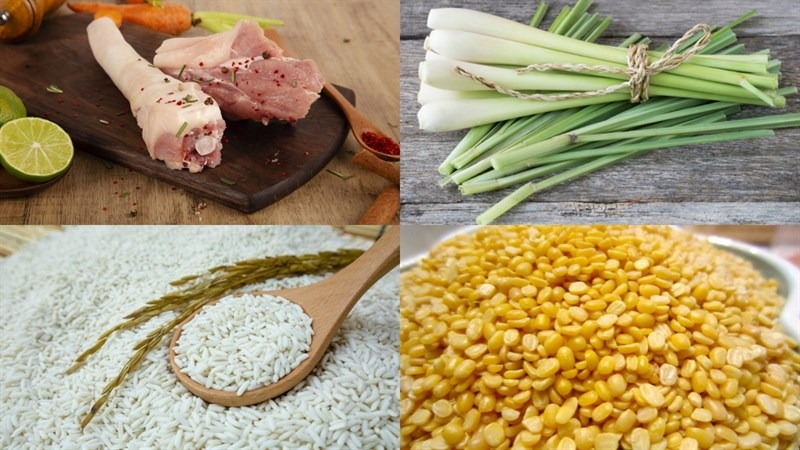 Nguyên liệu nấu đuôi heo rang muối: đuôi heo, sả, gạo nếp, đậu xanh
