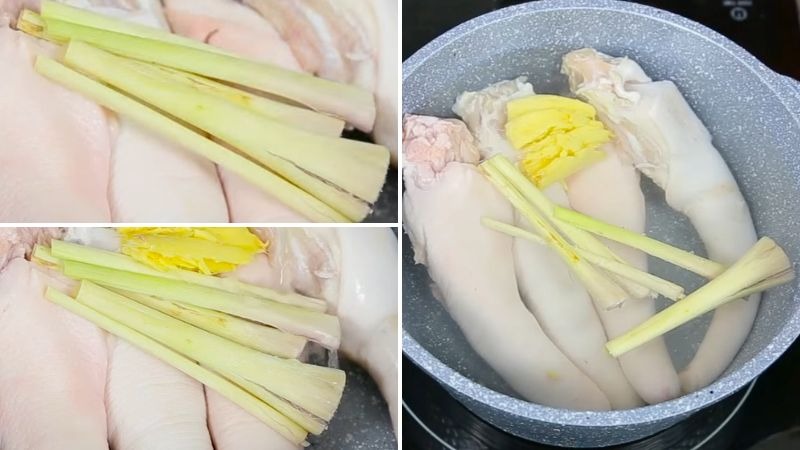  Đun sơ đuôi heo với gừng và sả để khử mùi 